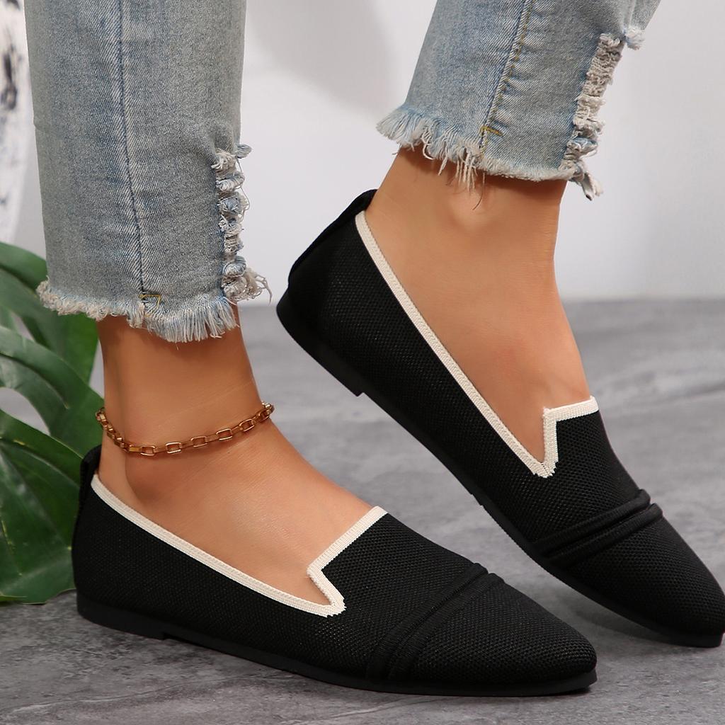 Women's Pointed Toe Flat Shoes Solid Color Knitted Slip On Shoes Casual Breathable Flats Women Flat Loafers Comfort Ladies Shoes