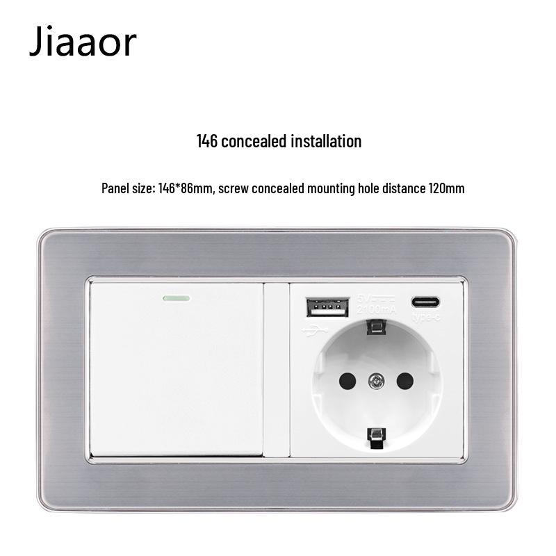 Европейский стандарт 86 тип Панель из нержавеющей стали для двойного выключателя и розетки с USB-C, Немецкий стиль, Встраиваемый настенный монтаж.