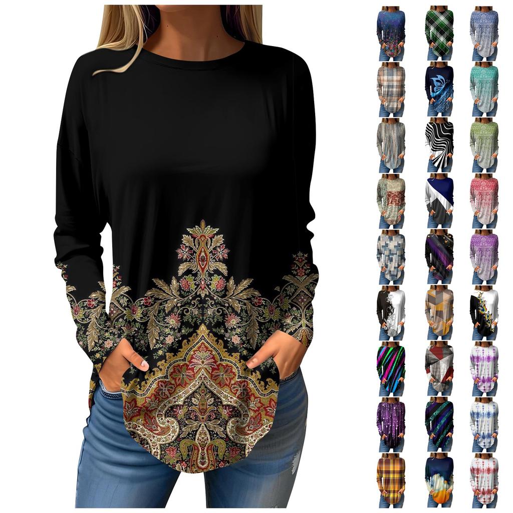 Tee Shirts For Women Fall Casual Long Sleeve Shirts Sweatshirt Geometric Stitching Printing Top Pullover