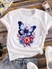 (Asian Size) Women Tee Top Clothing Casual Flower Fashion Butterfly Flower Cute Short Sleeve T Shirt Print Lady Female Graphic T-shirt
