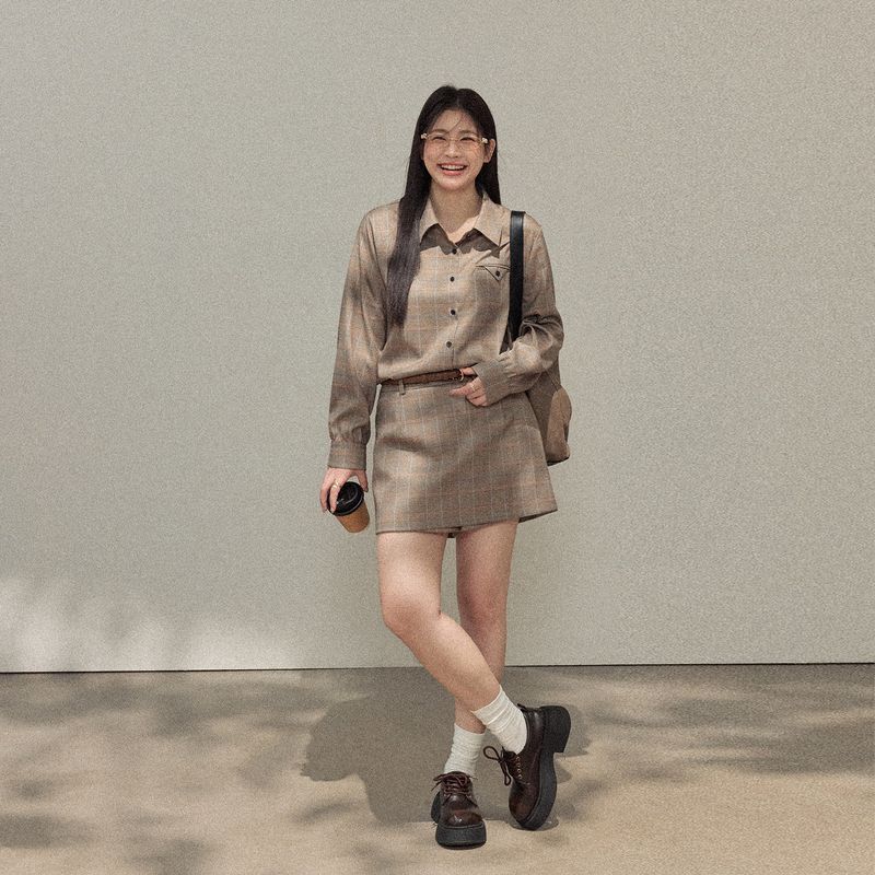 Zhang Ren Plus Size Women's Clothing Fat Sister mm Slimming Suit Outwear Retro Elegance Plaid Tops Mid-Length Dress Set