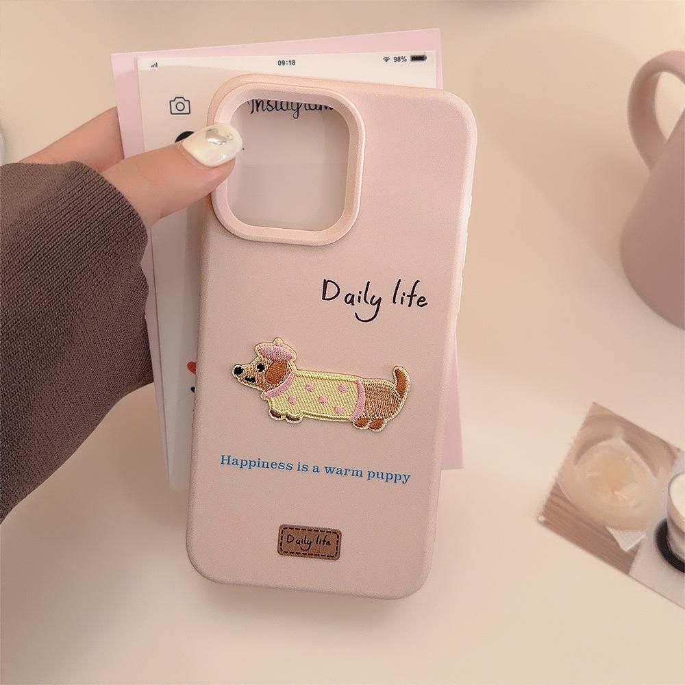Korean Style Ins Embroidery 17pro Max Apple 16 Mobile Phone Case Iphone14 Three Dimensional Dachshund Dog Suitable for 13 Silicone