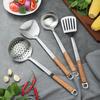 Stainless Steel Kitchen Utensil Set: Spatula, Frying Shovel, Soup Ladle & Slotted Spoon with Anti-Scald Wooden Handles.