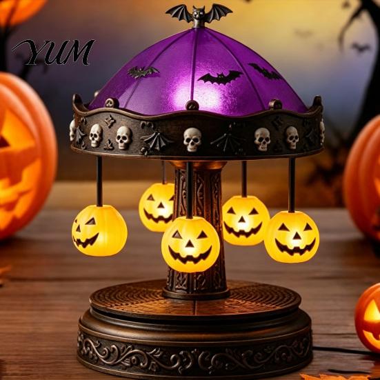 Niche Gothic Home Accents Halloween Ghost Carousel Lights, Stained Glass Night Light with Retro Copper Creative Projection Base, USB Rechargeable