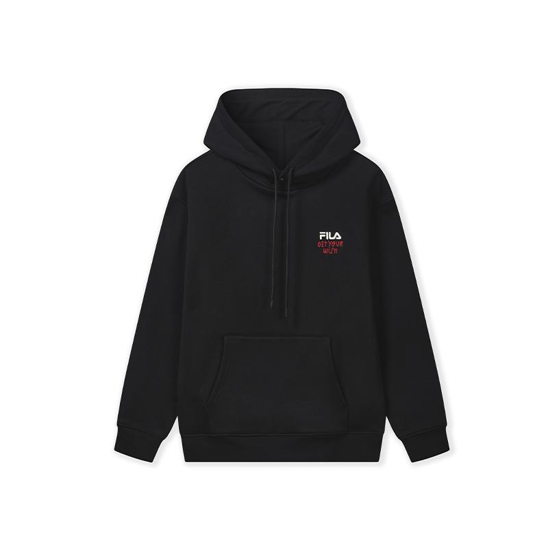 Men's FILA Dream Come True Window Lattice Sweatshirts Unisex Jet Black Hooded (Non-detachable) Moderate