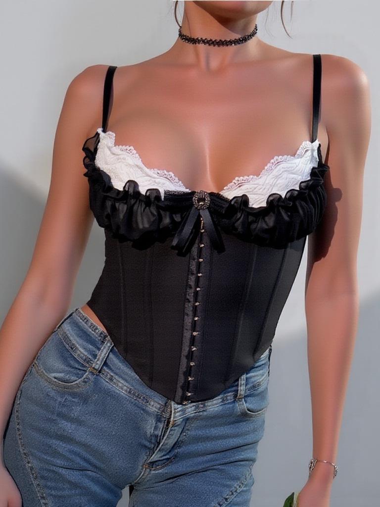 Кросс-бордер Сексуальный Бандо Кружевной Корсет Камисоль: Хлопковый топ с вставками из сетки и узором "рыбья кость"