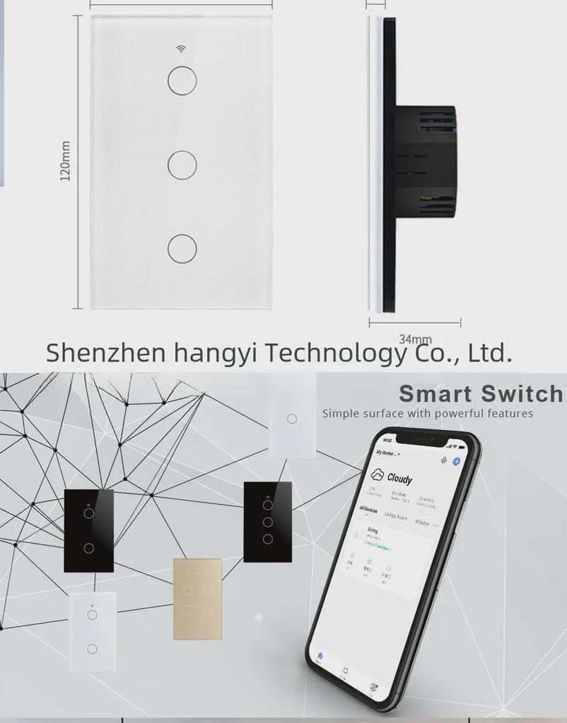 Сенсорный выключатель Tuya Smart WiFi американского стандарта, одинарный провод под напряжением, закаленное стекло, RF433.