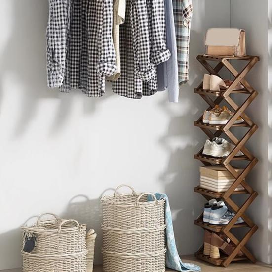 Многоуровневая складная бамбуковая полка для обуви без сборки, узкая, экономичная, для прихожей, кладовки, общежития