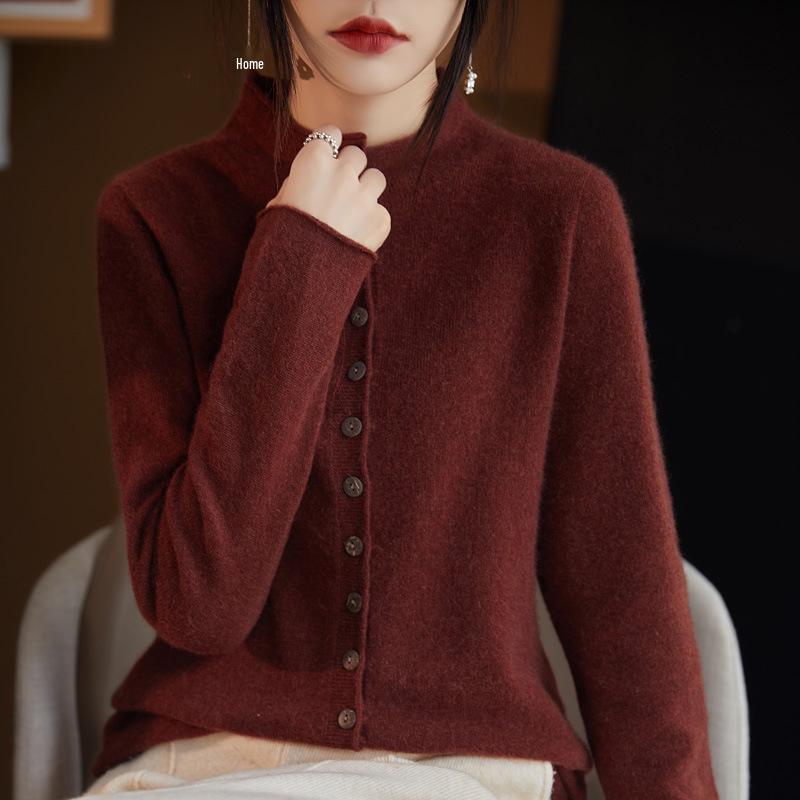 Women's 100% Wool Stand Collar Seamless Cardigan - Loose Knit Long Sleeve Cashmere Coat for Autumn/Winter