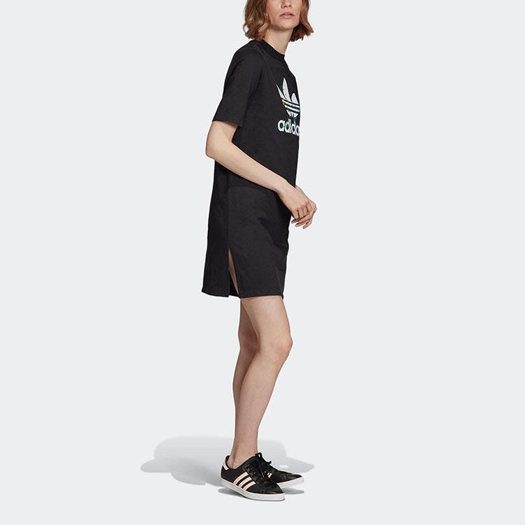 adidas Оригинальный принт с логотипом Trefoil Удобное спортивное платье-свитер с круглым вырезом, короткий рукав, женское, черное FL0037