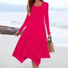 Women's Casual Fashion Round Neck Long Sleeve Solid Color Irregular Hem Midi Dress