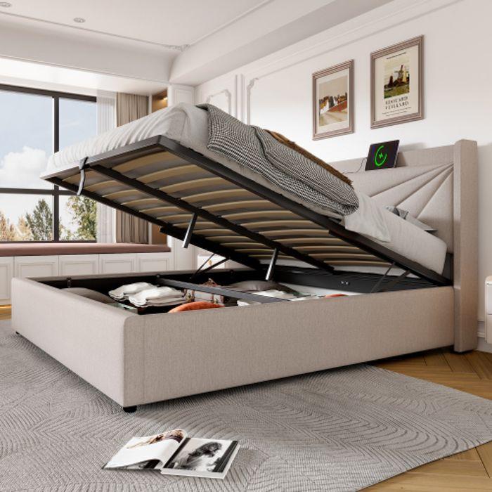 Lit double capitonné - MUVOE - 160x200 - Tête de lit avec recharge USB - Rangement intégré - Structure en métal