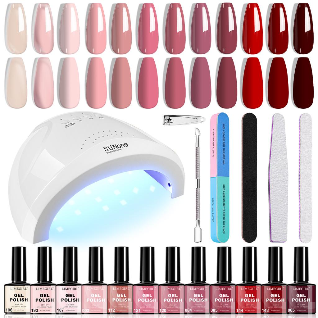 12 Colors Gel Nail Polish Kit with LED Lamp, Nail File, Buffer, Pusher, Clipper, Complete Manicure Tool Set