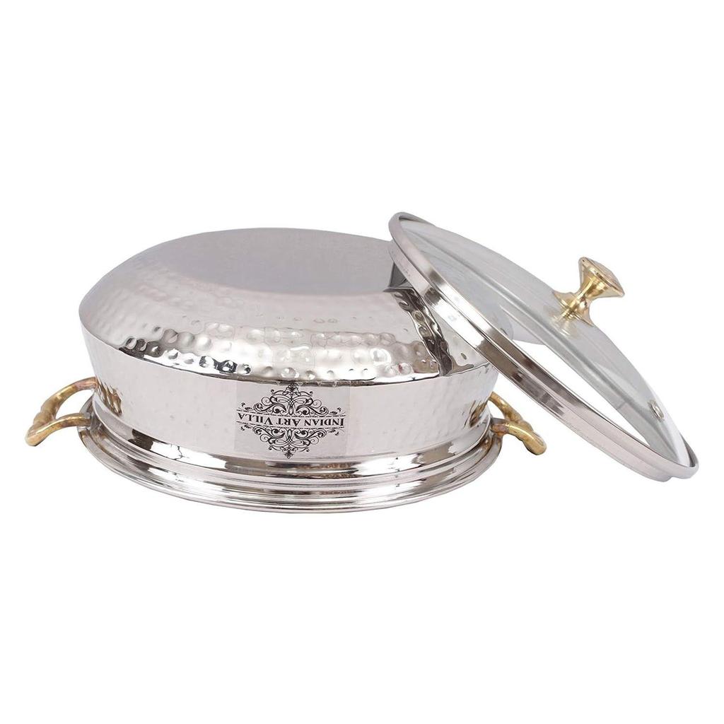 Stainless Steel Hammered Design Handi/Bowl/Casserole with Toughened Glass Lid & Brass Knob & Handles, Volume-400 Ml