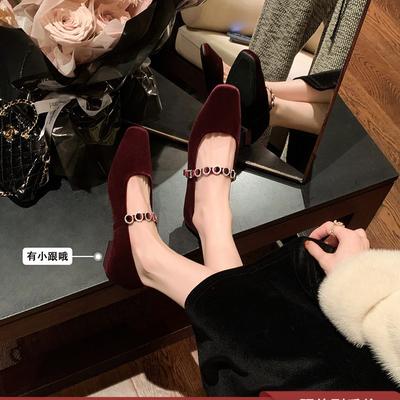 Виноградная мать studiolee французская квадратная голова светлый рот высокие каблуки односложный ромбовидный ремень низкий каблук замшевые туфли Мэри Джейн одинарные