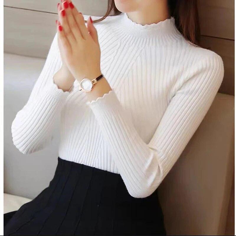 ITOOLIN Autumn Women Mock Neck Ruffles Sweater Long Sleeve Knitted Bottoming Solid Pullovers Stripe For Women Casual Sweater