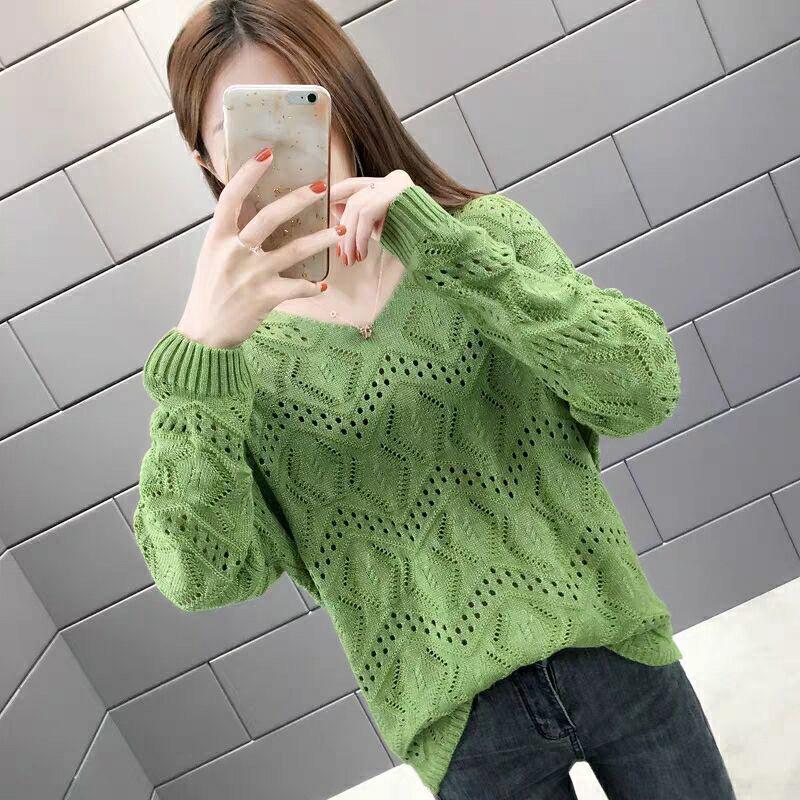 Hollow Women's Knitwear Spring and Autumn Style V-neck Loose Bottoming Shirt Short Long-sleeved Sweater Coat