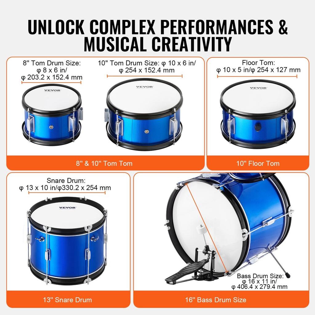 Kids Drum Set 5-Piece 16 in Beginner Children Drum Set with Throne Blue