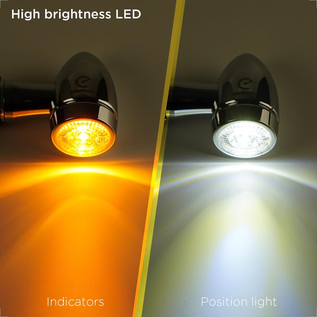 Evermotor Chrome CNC 12V 2pcs Mini Bike LED Turn Signal Lights IP67 Waterproof Amber White E-Certification &