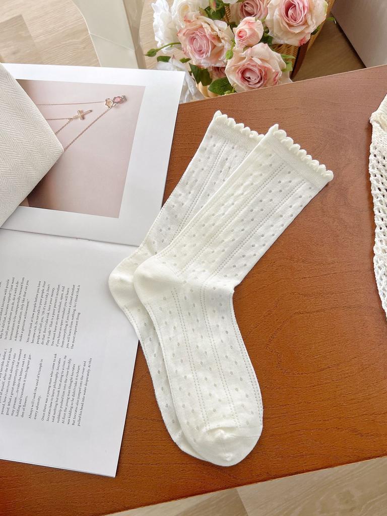 Summer Mesh Socks White Mid-Leg Socks Small Flower Polka Dot Hollow Pile Socks Breathable Stockings Wind Socks