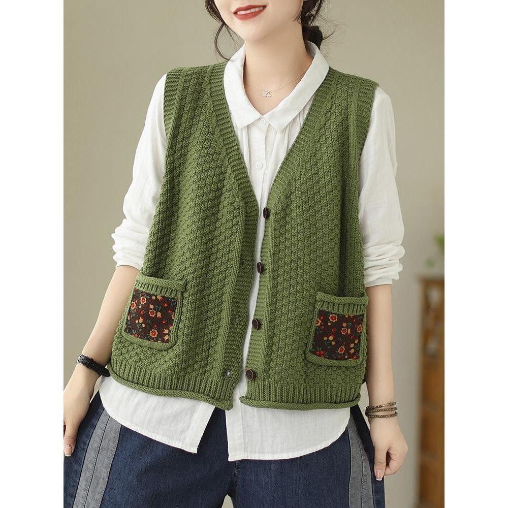 Женский вязаный жилет-кардиган из хлопка с цветочным накладным карманом, свободный и утягивающий, осенний повседневный с V-образным вырезом, без рукавов