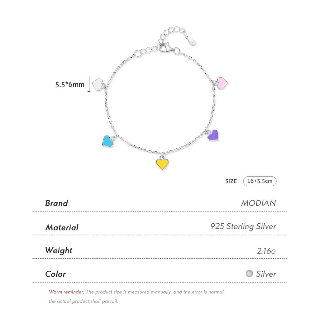 MODIAN Браслет из стерлингового серебра 925 пробы с разноцветными сердечками, радужная эмалированная цепочка, вечерние ювелирные изделия для женщин, подарок на День Святого Валентина