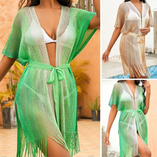 Женское пляжное платье с ажурной сеткой, на шнуровке, с ремешками, пляжная одежда с кисточками, градиентный цвет, накидка с длинным рукавом, защита от солнца, женский купальник-бикини