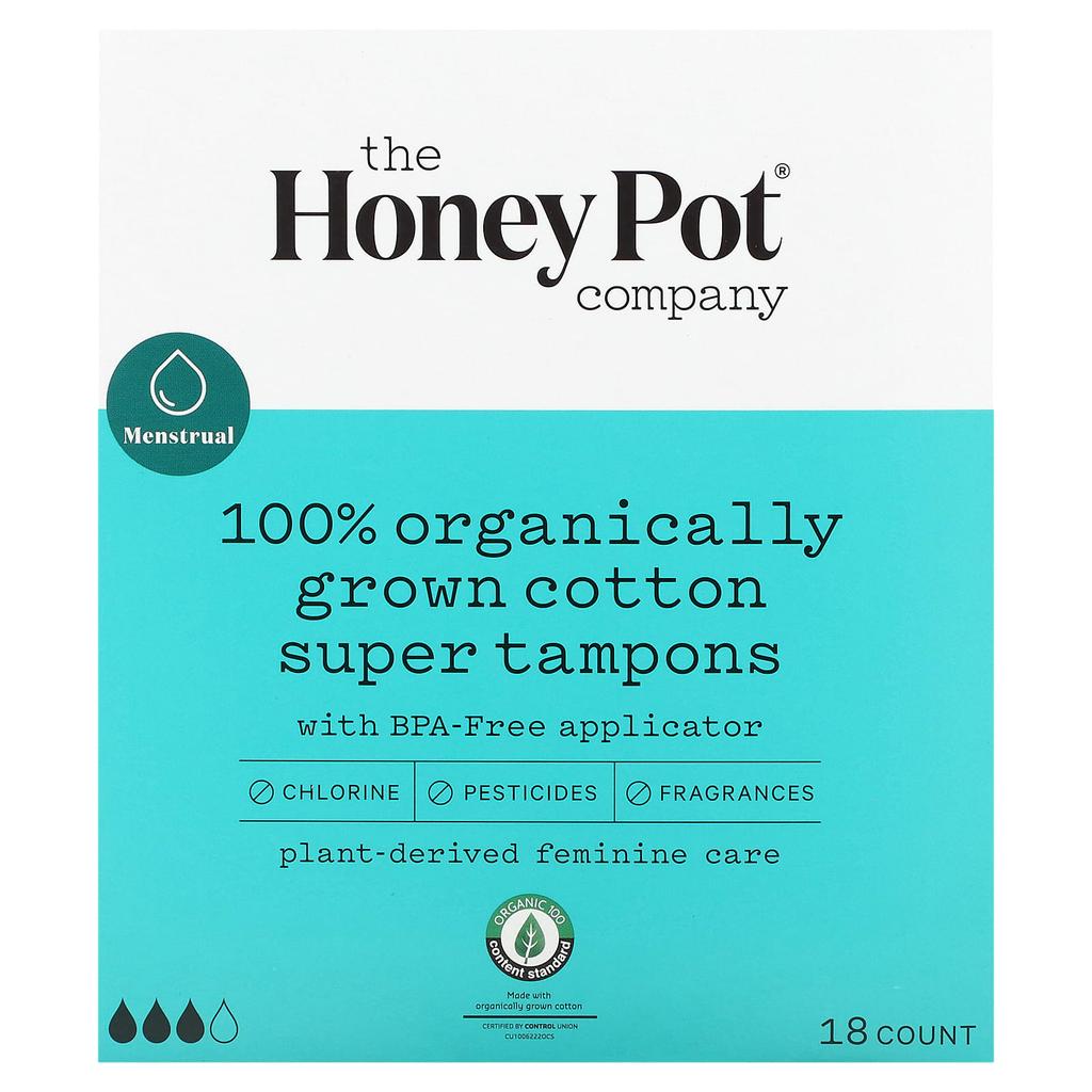 The Honey Pot Company 100% Organically Grown Cotton Super Tampons, 18 Count