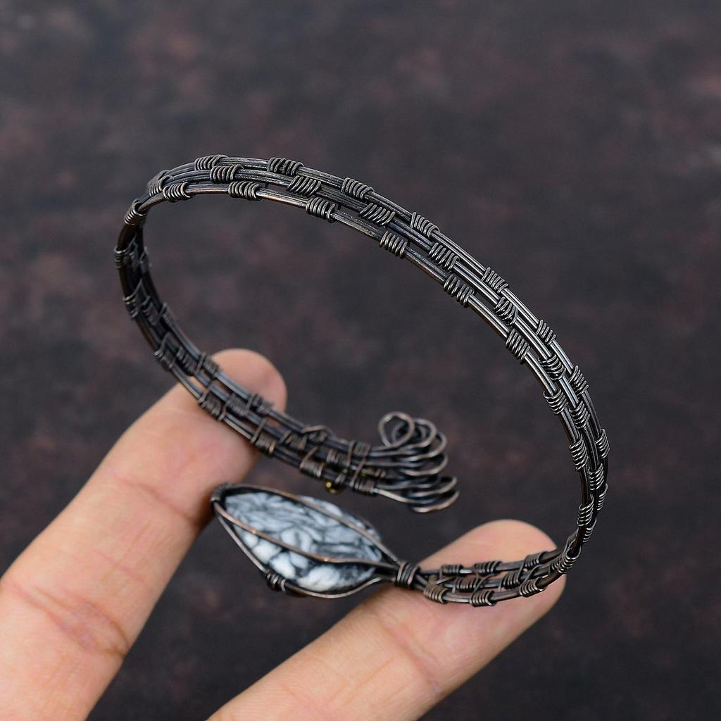 Браслет Pinolith Jasper, обмотанный медной проволокой, регулируемый браслет, браслет ручной работы с драгоценными камнями, обмотанный медной проволокой, ювелирное изделие, подарок для нее