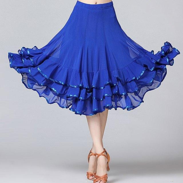 Woman Solid Ballroom Waltz Dance Ruffles Skirt Modern Tango Skirt Medium Length Dance Skirt