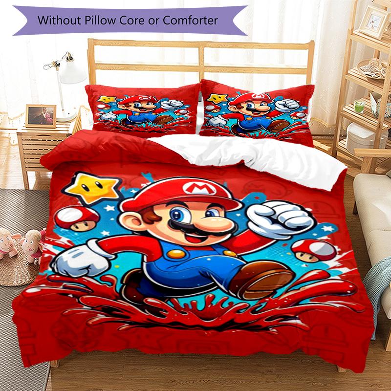 3pcs Mario Bedding Set Duvet Cover Closure Includes 1 Duvet Cover & 2 Pillowcases, Soft and Comfortable for All Seasons.