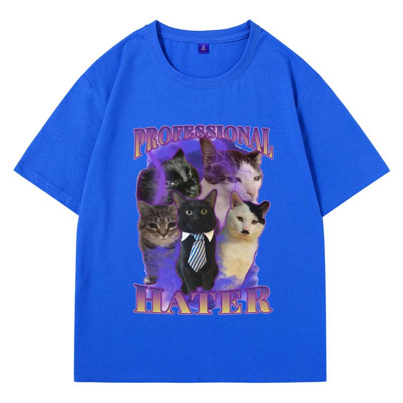 Professional Hater Funny Cat Meme T-shirt Men Vintage Trendy Cat Lover T-shirts Hip Hop Loose Cozy Cotton Tees Male Streetwear
