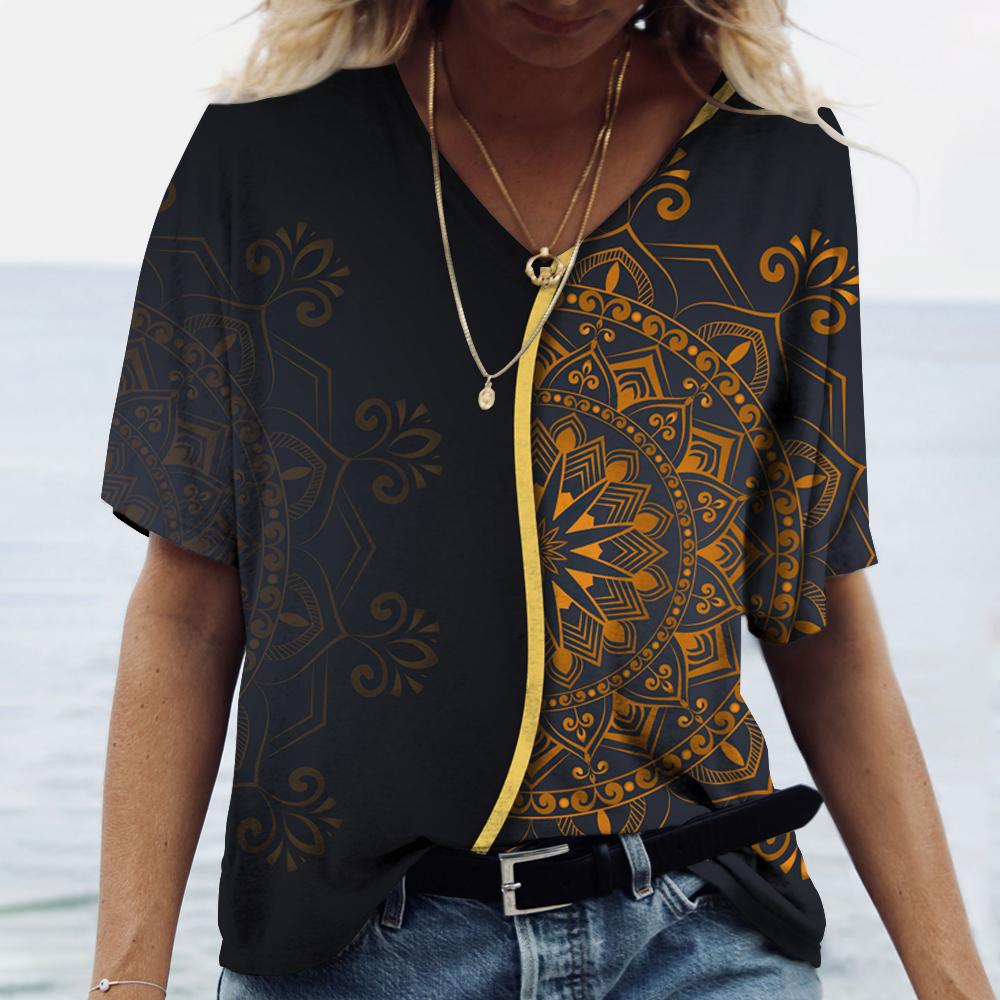 2023 Новая женская одежда, летняя футболка с принтом, топы с короткими рукавами и градиентом мандалы, пуловер с v-образным вырезом, футболки, повседневная уличная одежда, большие размеры 5XL