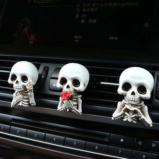3Pcs Skull Car Air Fresheners Gothic Smiling Skull Car Vent Clip Auto Aromatherapy Diffuser Halloween Car Interior Decoration