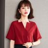 Красная шифоновая рубашка с короткими рукавами, женская летняя рубашка нового стиля, модный топ с V-образным вырезом