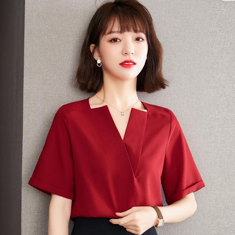 Красная шифоновая рубашка с короткими рукавами, женская летняя рубашка нового стиля, модный топ с V-образным вырезом