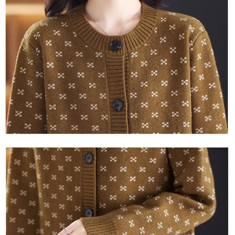 Весна и осень Новый кардиган с круглым вырезом и пуговицами Жаккардовый вязаный кардиган Пальто Свободный свитер Пальто
