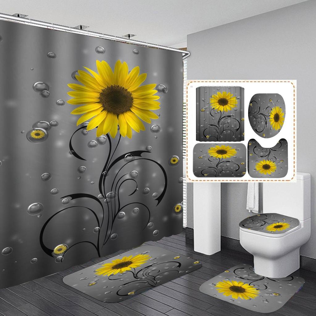 4 PCS Full Set Bathroom Set Shower Curtain Bath Non-Slip Floor Mat Carpet Home Bathroom