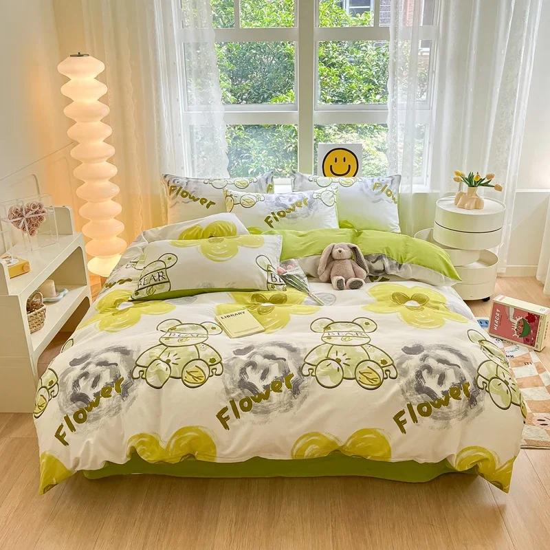 Комплект постельного белья из 3 предметов с цветными цветами в мультяшном стиле из 100% хлопка, мягкий и приятный на ощупь, с 2 наволочками