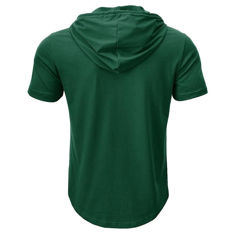 Men Green Short Sleeve Hooded Henley Neck Drawstring Casual Summer T Shirt