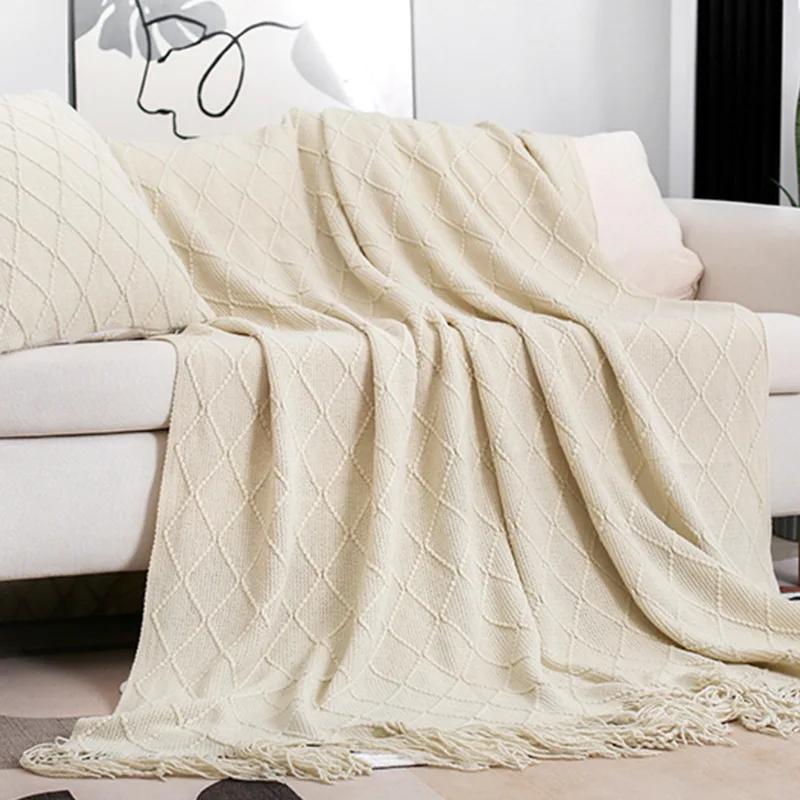 Nordic Knitted TV Blankets Bed End Decor Drop Ship Shawl Sofa Blanket with Tassels Scarf Sofa Emulation Fleece Throw Blanket