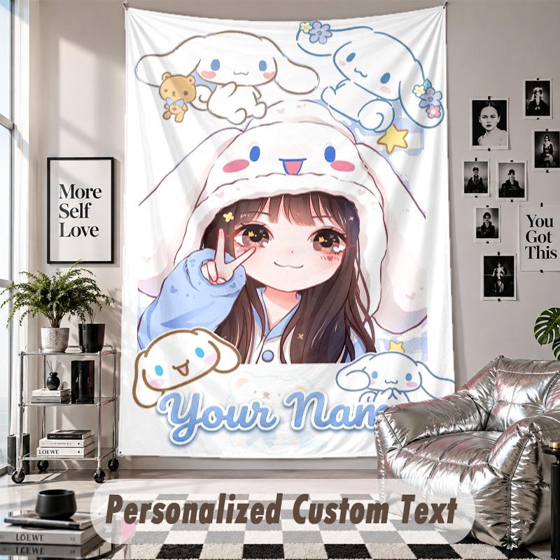 Custom Tapestry Wall Hanging, Cinnamoroll Personalized Name Text Home Wall Decor