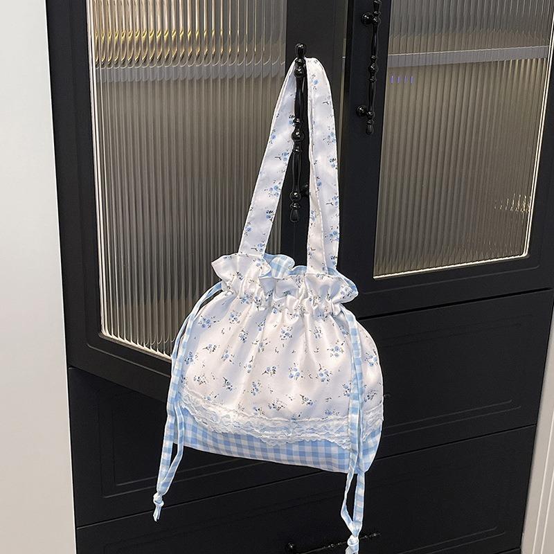 Летняя маленькая свежая милая клетчатая сумка из нейлона с бантом, новый нишевый дизайн, нежное кружево на плечо