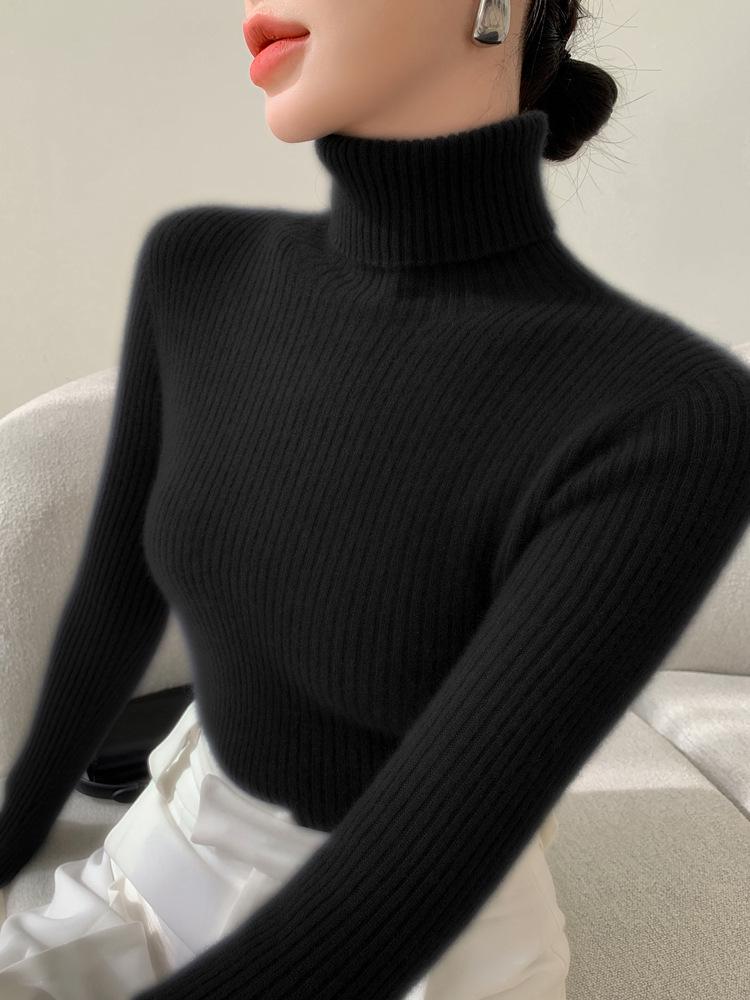 Women's Seamless Cashmere High-Neck Ribbed Sweater, Slim Fit, Body-Shaping, Slouchy Neck, Knit.