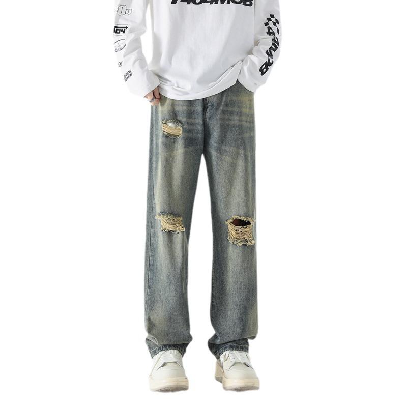 Мужские хлопковые весенние летние рваные джинсы повседневные брюки брюки винтажные широкие джинсовые брюки джинсы для мужчин модная одежда уличная одежда
