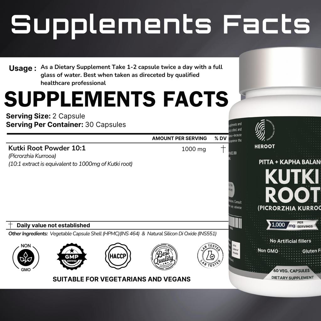 Heroot Liver & Kidney Support Capsules – Kutki Root & Chanca Piedra (Stone Breaker) | Digestive Wellness | 2 X 60 Veg Capsules Combo