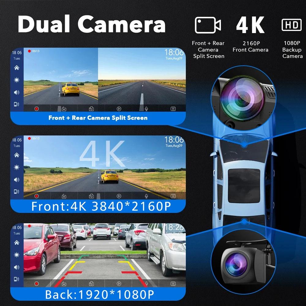 10,26-дюймовый 4K 3840*2160P Автомобильный видеорегистратор Carplay Android-Auto Видеорегистратор на приборную панель Кабина GPS 5G WIFI FM BT Двухлинзовая камера Видеорегистратор Запись движения