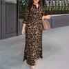 Women Casual Turn Down Collar Long Sleeve Leopard Print Dress