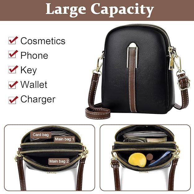 Stylish PU Leather Crossbody Bag for Girls, Women Sling Phone Bag Double Layer Daily Bag with Detachable Shoulder Belt Small Sling Zipper Bag