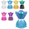 Girls Jazz Dance Outfit Mock Neck Rhinestone Adorned Mesh Patchwork Sleeveless Metallic Ruffle Crop Top